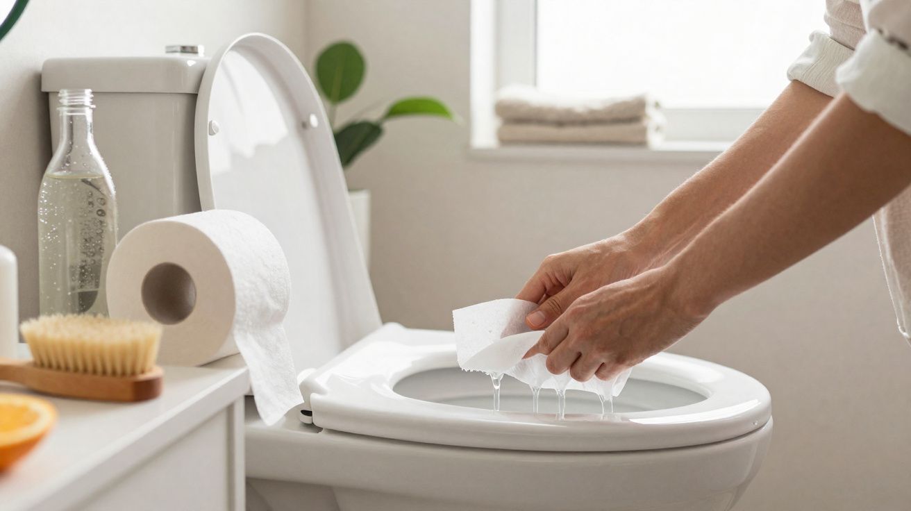 Pessoa a limpar a sanita branca com papel higiénico num casa de banho iluminada e minimalista.