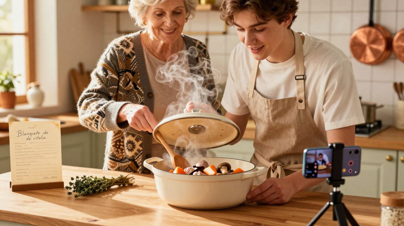 Idosa e jovem cozinham juntos numa cozinha, gravando receita de ensopado com legumes num smartphone.