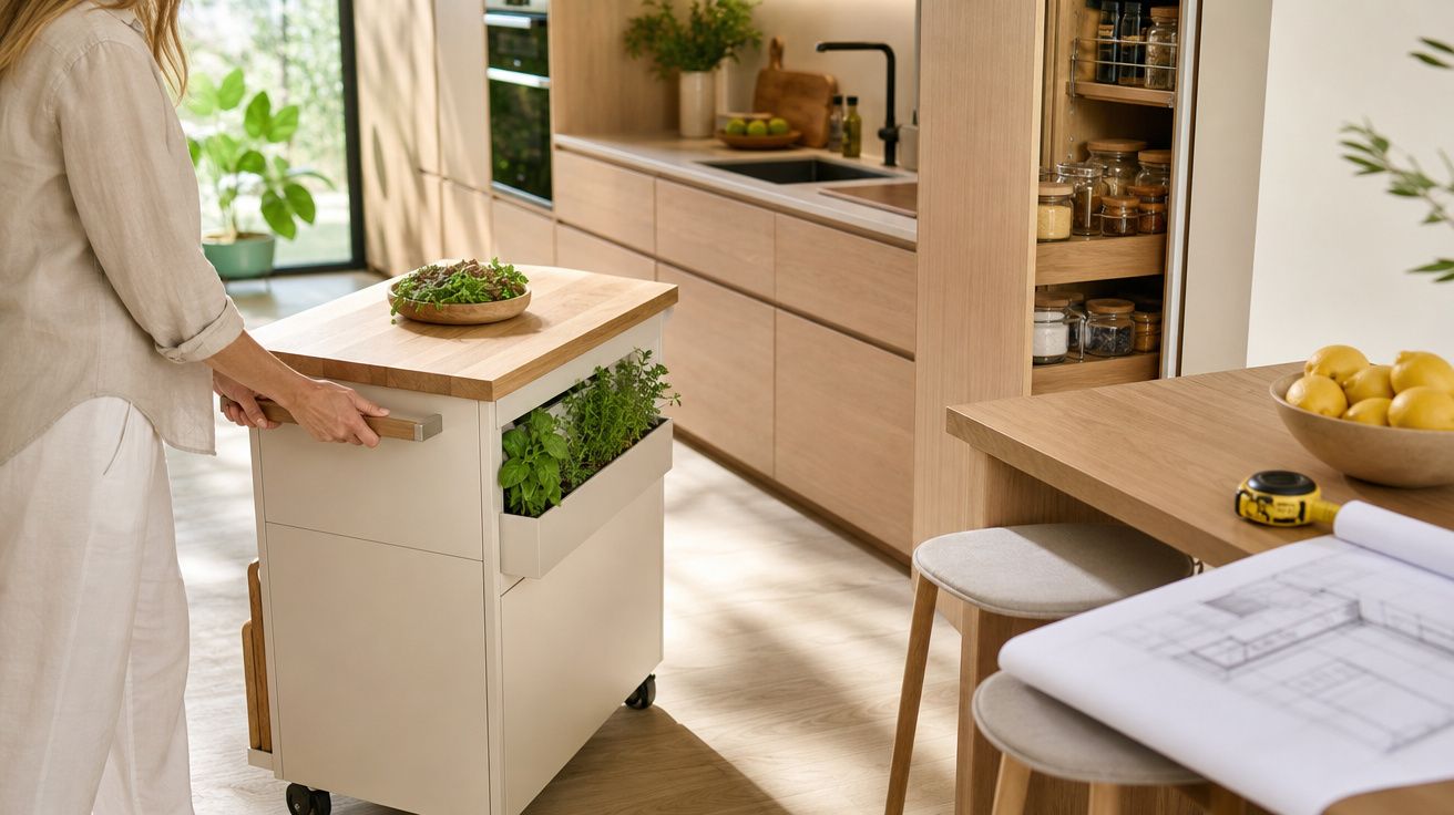 Cozinha moderna com ilha móvel, ervas aromáticas e planta, iluminação natural abundante.