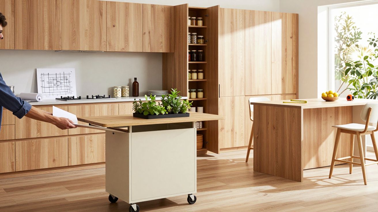 Cozinha moderna com armários de madeira clara, móvel com plantas e bancada com cadeiras junto a janela iluminada.