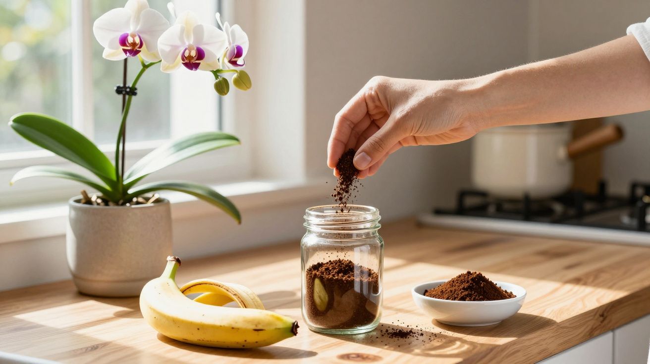 Mão a colocar pó de café em frasco de vidro numa bancada de cozinha com banana e orquídea ao lado.