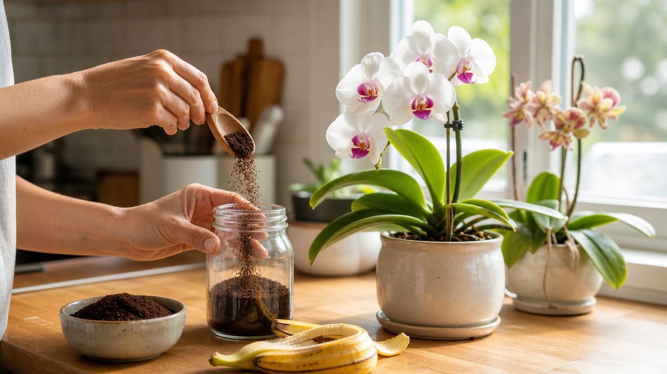 Mãos a colocar borra de café num frasco ao lado de duas orquídeas brancas e amarelas numa bancada de cozinha.