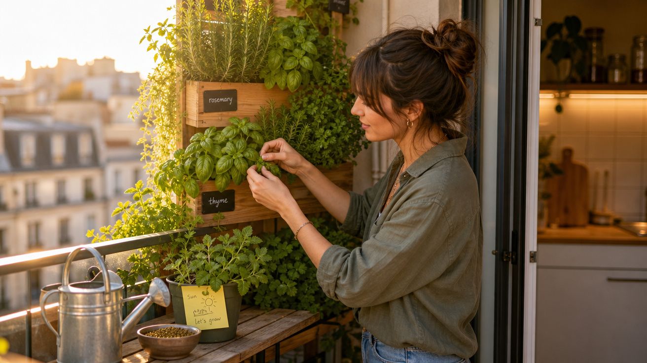 Mulher cuida de plantas aromáticas num pequeno jardim vertical num balcão de apartamento ao entardecer.