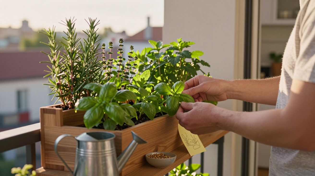 Pessoa a cuidar de plantas aromáticas numa varanda com regador metálico e pote de sementes.