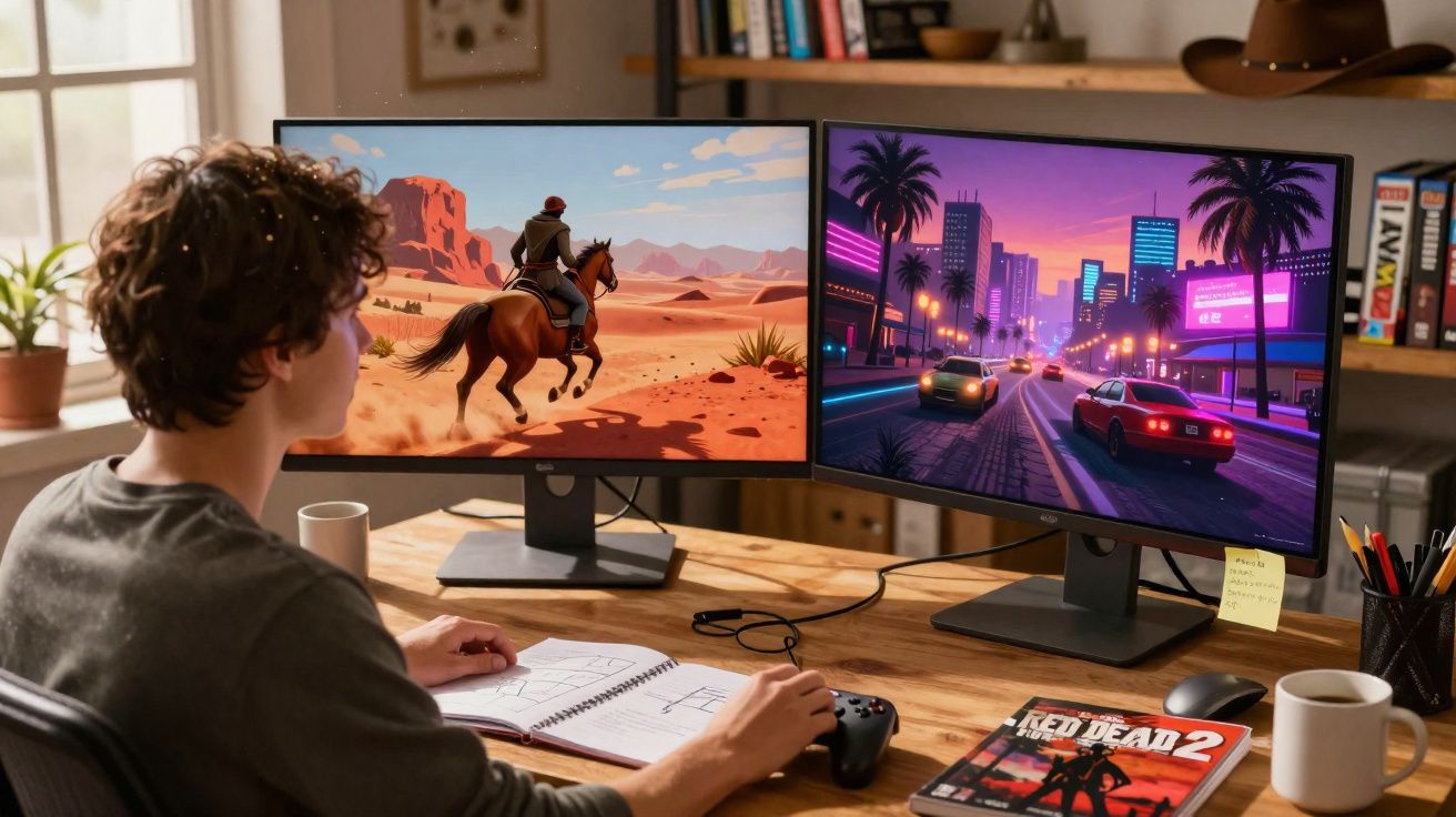 Pessoa a jogar videojogos em ecrãs duplos, com controlo e caderno numa mesa de madeira.