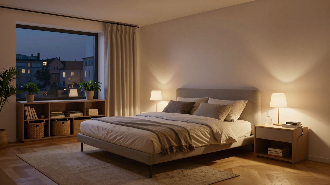 Quarto moderno com cama dupla, duas mesas de cabeceira com candeeiros e janela grande com vista noturna para prédios.