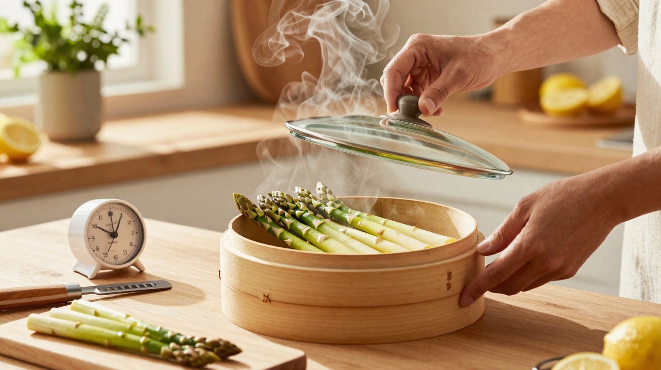 Pessoa a levantar a tampa de um cesto de bambu com espargos a cozinhar a vapor numa cozinha luminosa.