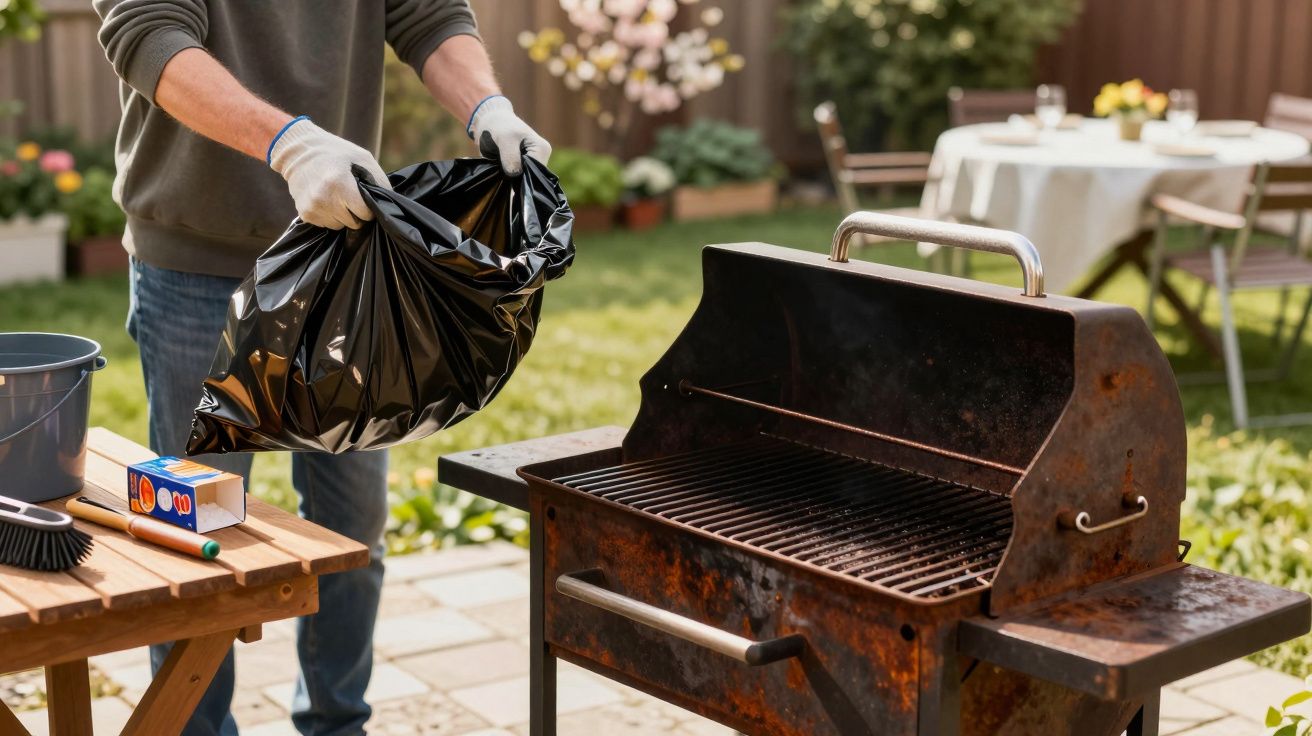 Pessoa a preparar sacos de lixo junto a um churrasco enferrujado num jardim com mesa ao fundo.