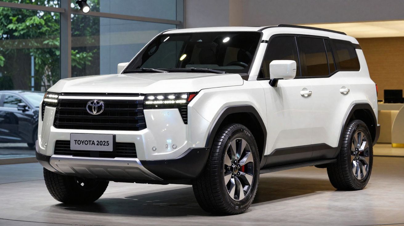 Carro SUV branco Toyota 2025 apresentado num salão automóvel moderno.