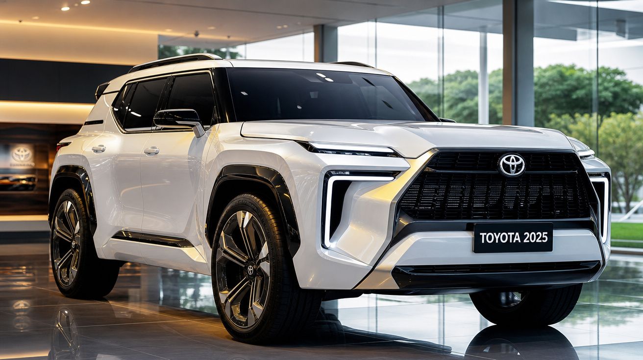 SUV Toyota branco modelo 2025, exibido em showroom moderno com janelas de vidro grandes.
