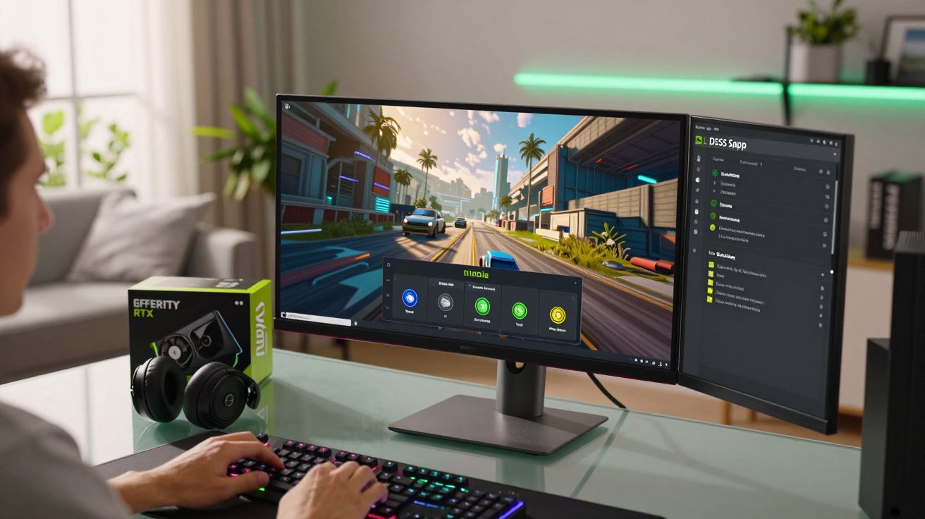 Pessoa a jogar videojogo de condução num computador com dois monitores num ambiente doméstico moderno