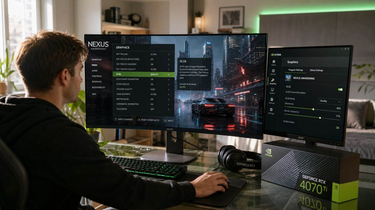Homem a jogar videojogo NEXUS Awakening num PC com dois ecrãs e caixa da gráfica GeForce RTX 4070 Ti numa secretária.
