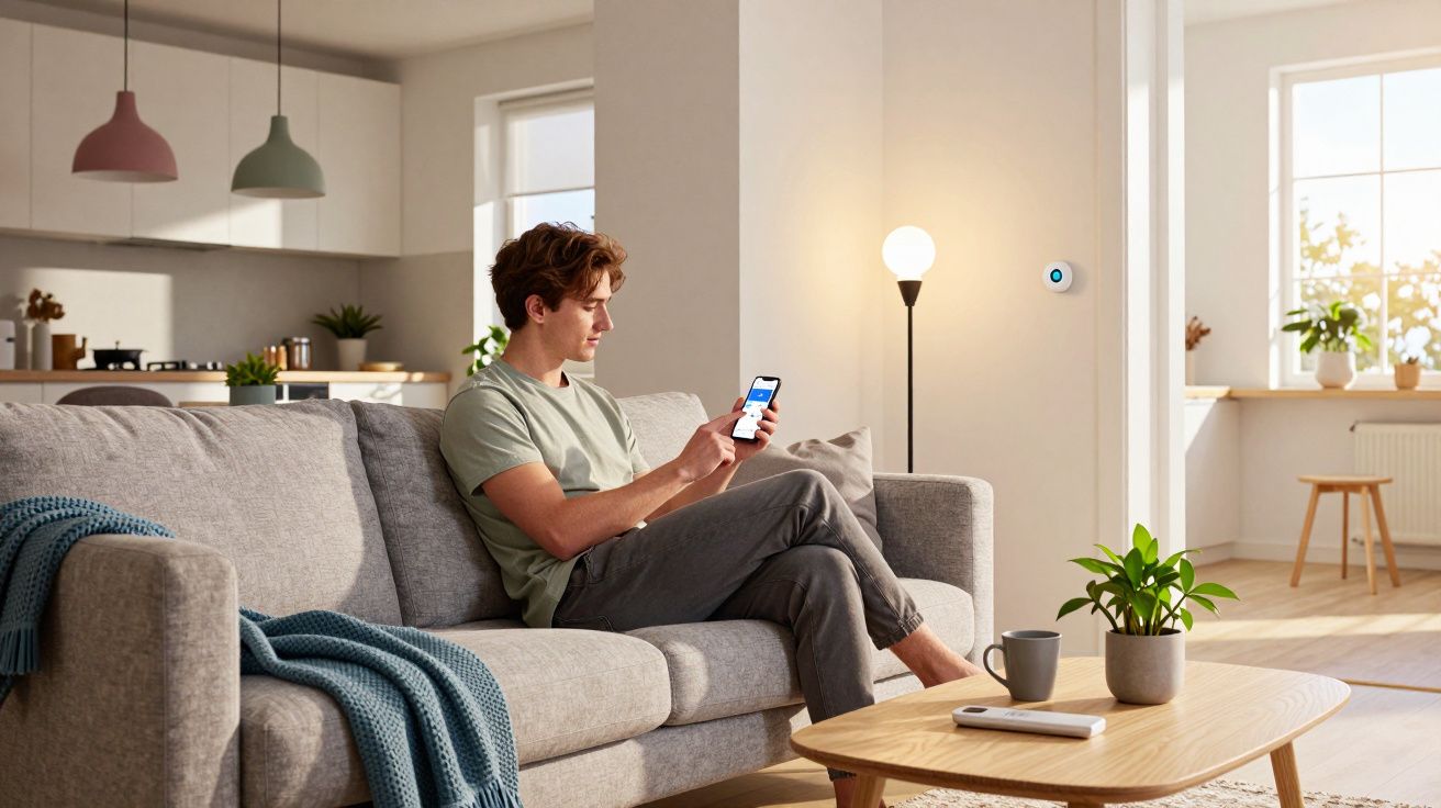Homem sentado no sofá a controlar luminária com smartphone numa sala iluminada e moderna.