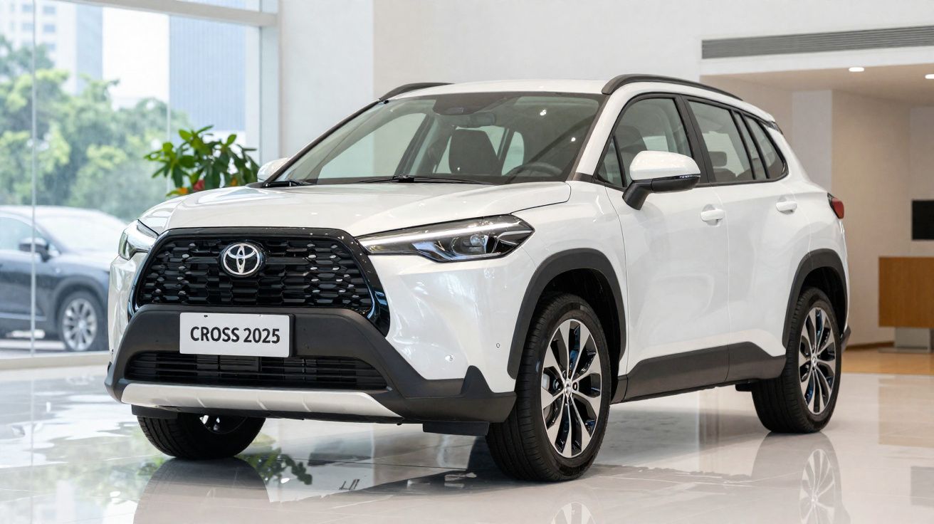 Carro SUV Toyota Cross 2025 branco exibido numa sala com piso brilhante e janelas grandes.