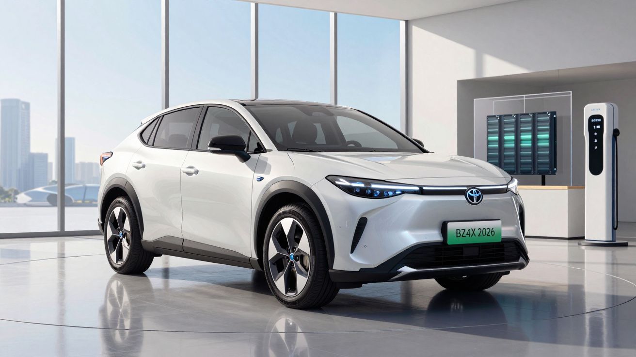 Carro elétrico Toyota branco estacionado em sala moderna com carregador e bateria visível ao fundo.