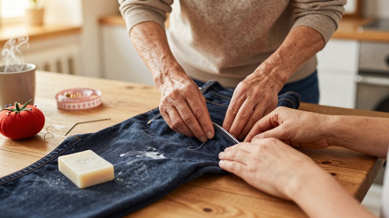 Duas pessoas a coser um rasgão em calças de ganga numa mesa de madeira com materiais de costura.