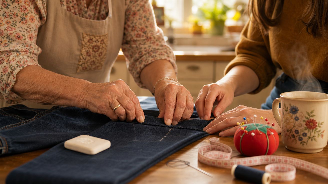 Duas pessoas a remendar umas calças jeans numa mesa com material de costura e uma chávena de chá quente.