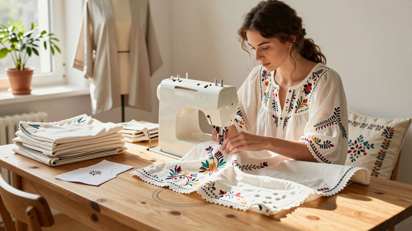 Mulher a costurar roupa branca com bordados florais coloridos numa máquina de costura num ambiente iluminado.