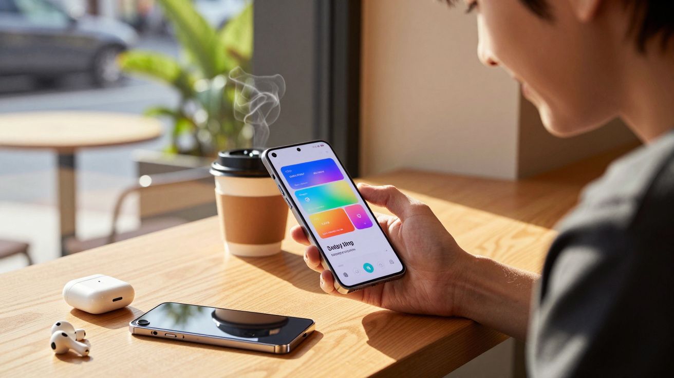 Pessoa a usar smartphone com aplicação colorida numa mesa de café com dois telemóveis, auriculares e café quente.