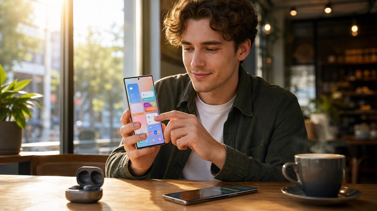 Jovem sentado numa cafeteria a usar um smartphone moderno, com auscultadores e chávena na mesa.