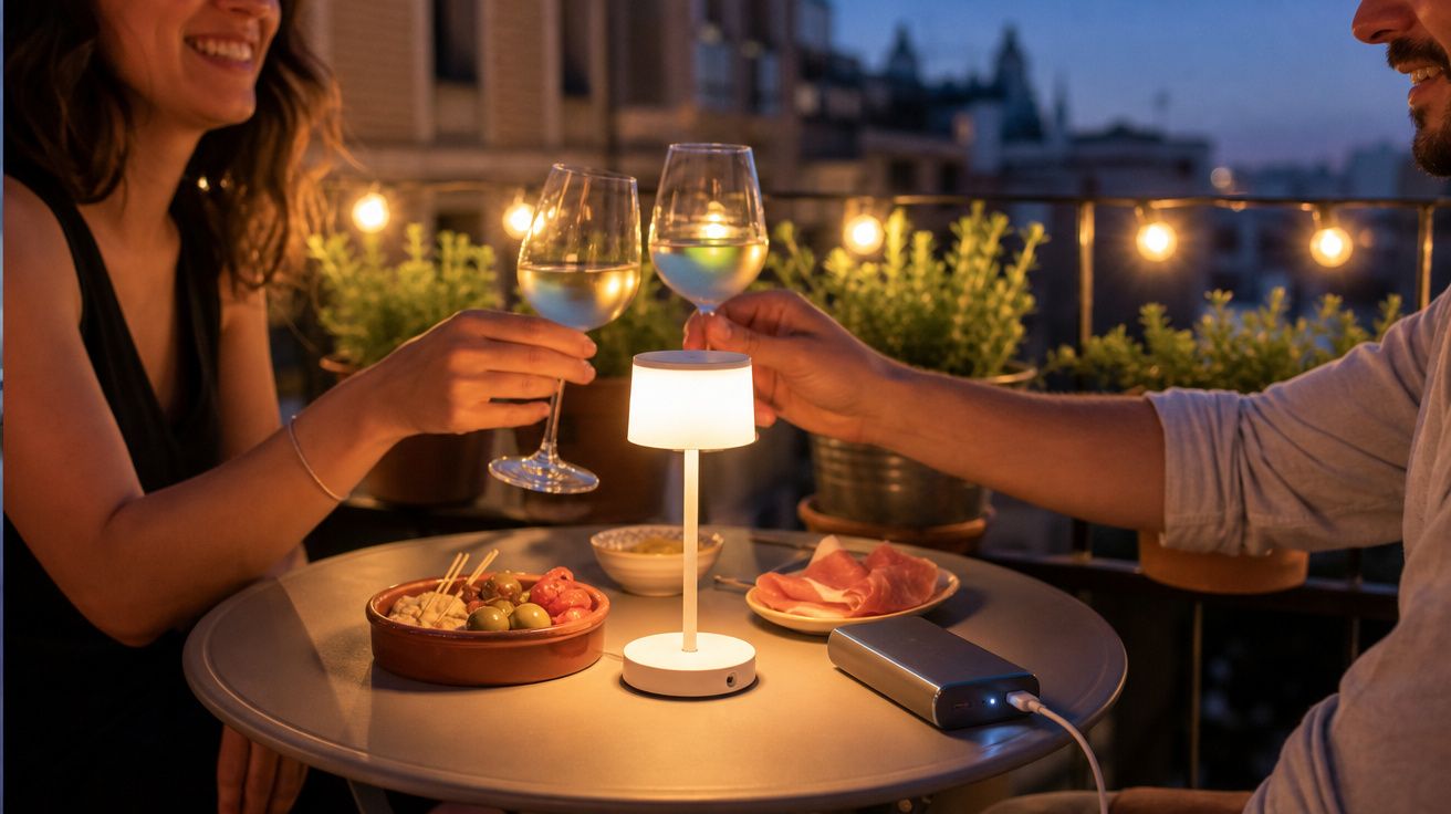 Casal a brindar com copos de vinho branco numa mesa com petiscos e luz ambiente num terraço ao entardecer.