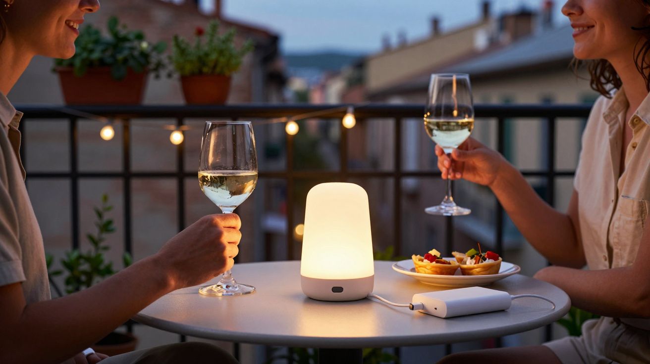 Duas pessoas brindam com copos de vinho branco numa mesa com luz ambiente num terraço ao entardecer.