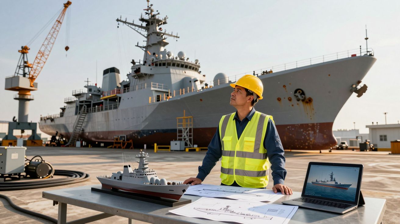 Engenheiro naval com capacete e colete refletor analisa maquete e planos de navio ao ar livre num estaleiro.