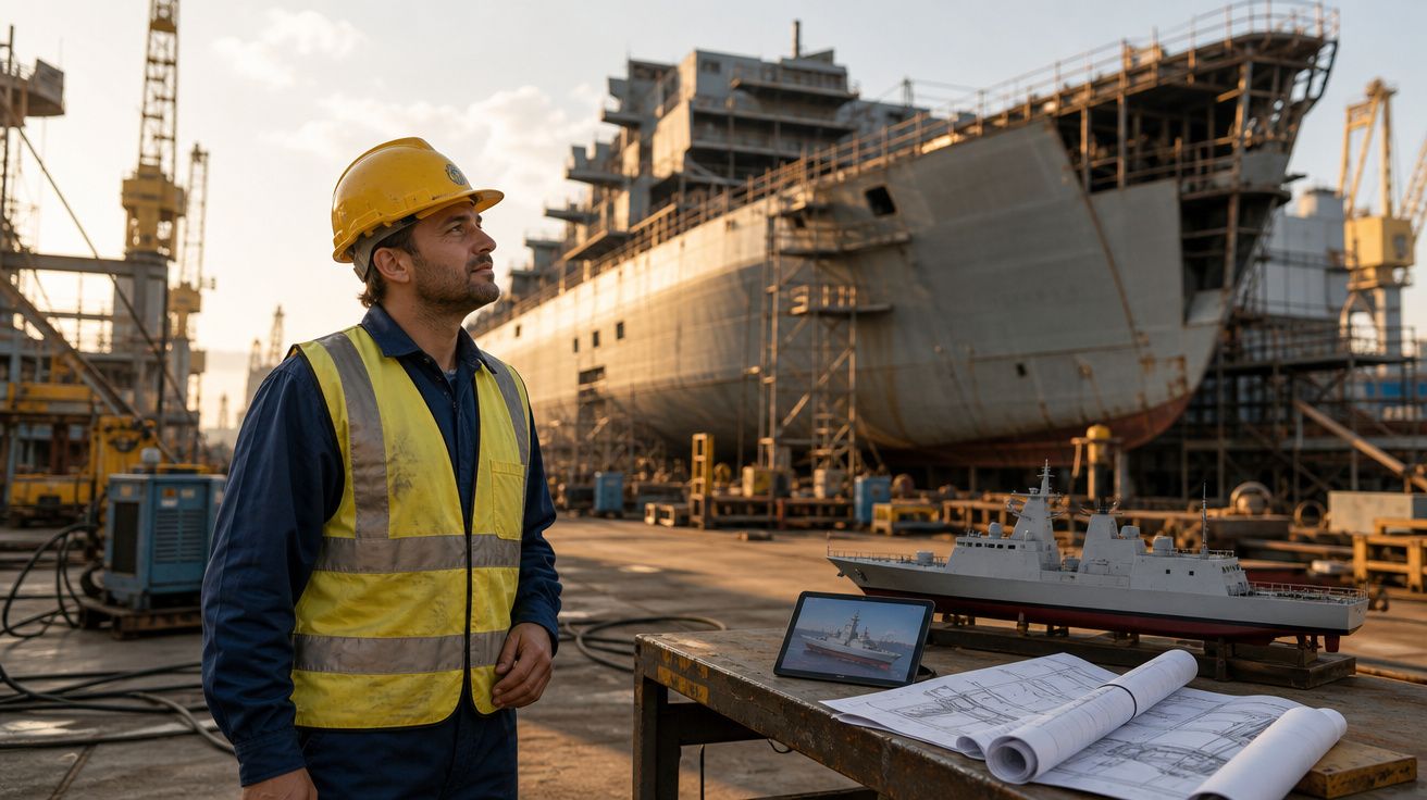 Engenheiro naval com capacete e colete a observar um navio em construção num estaleiro.