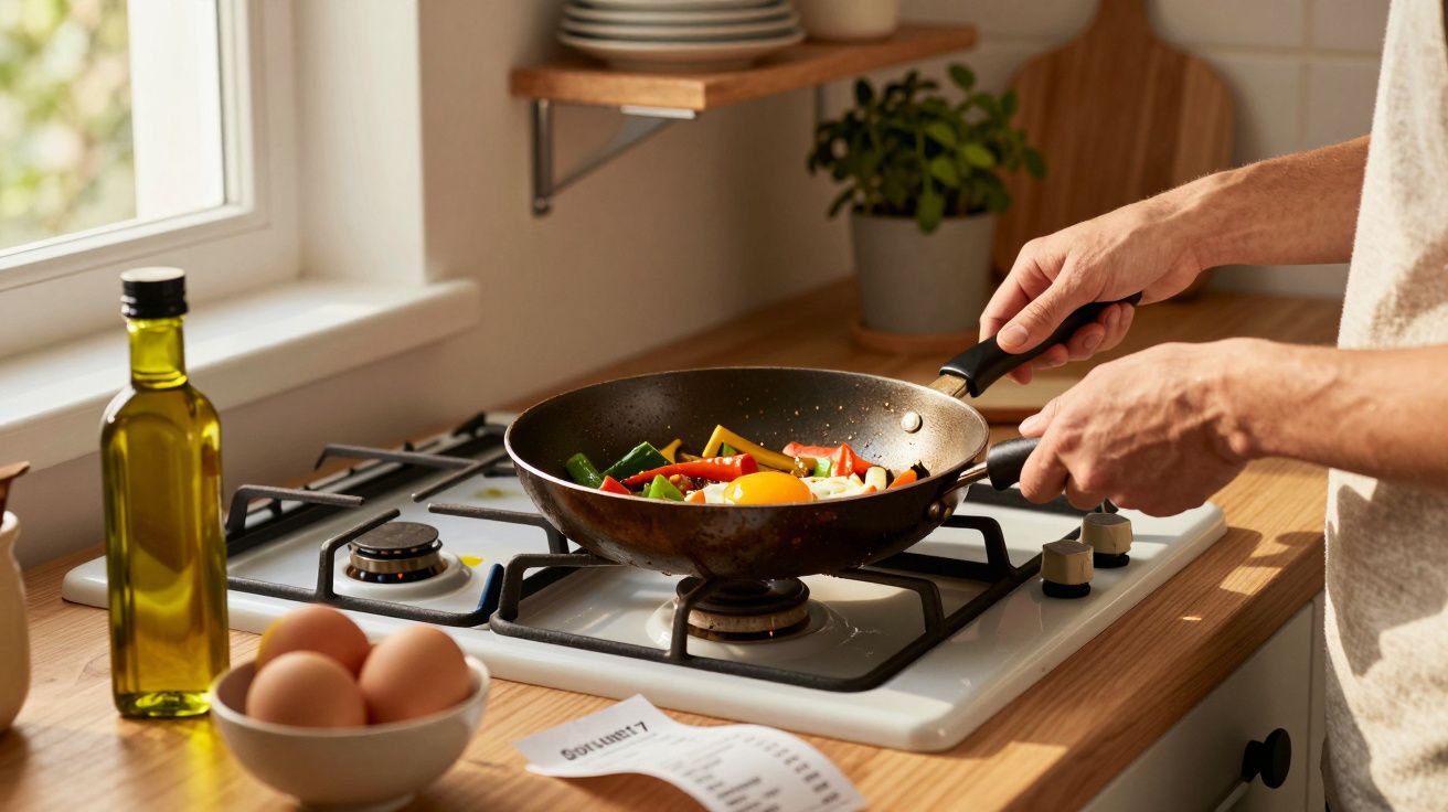 Mãos seguram frigideira com legumes e ovo a cozinhar num fogão com bocal aceso numa cozinha iluminada.
