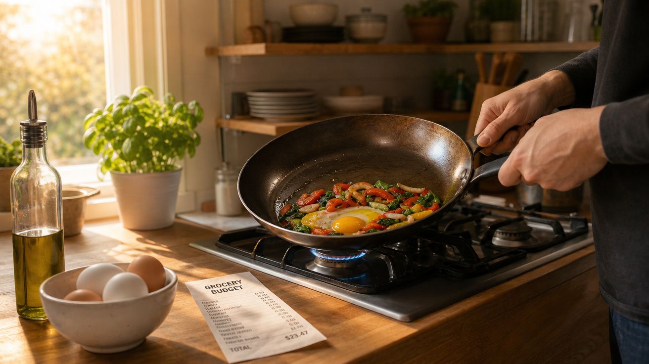 Mãos a cozinhar ovo com legumes numa frigideira sobre fogão a gás numa cozinha ensolarada.