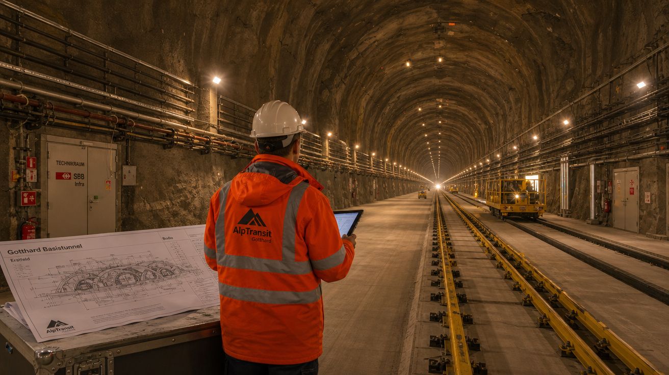 Trabalhador com colete e capacete a inspecionar túnel ferroviário em construção com planos ao lado.