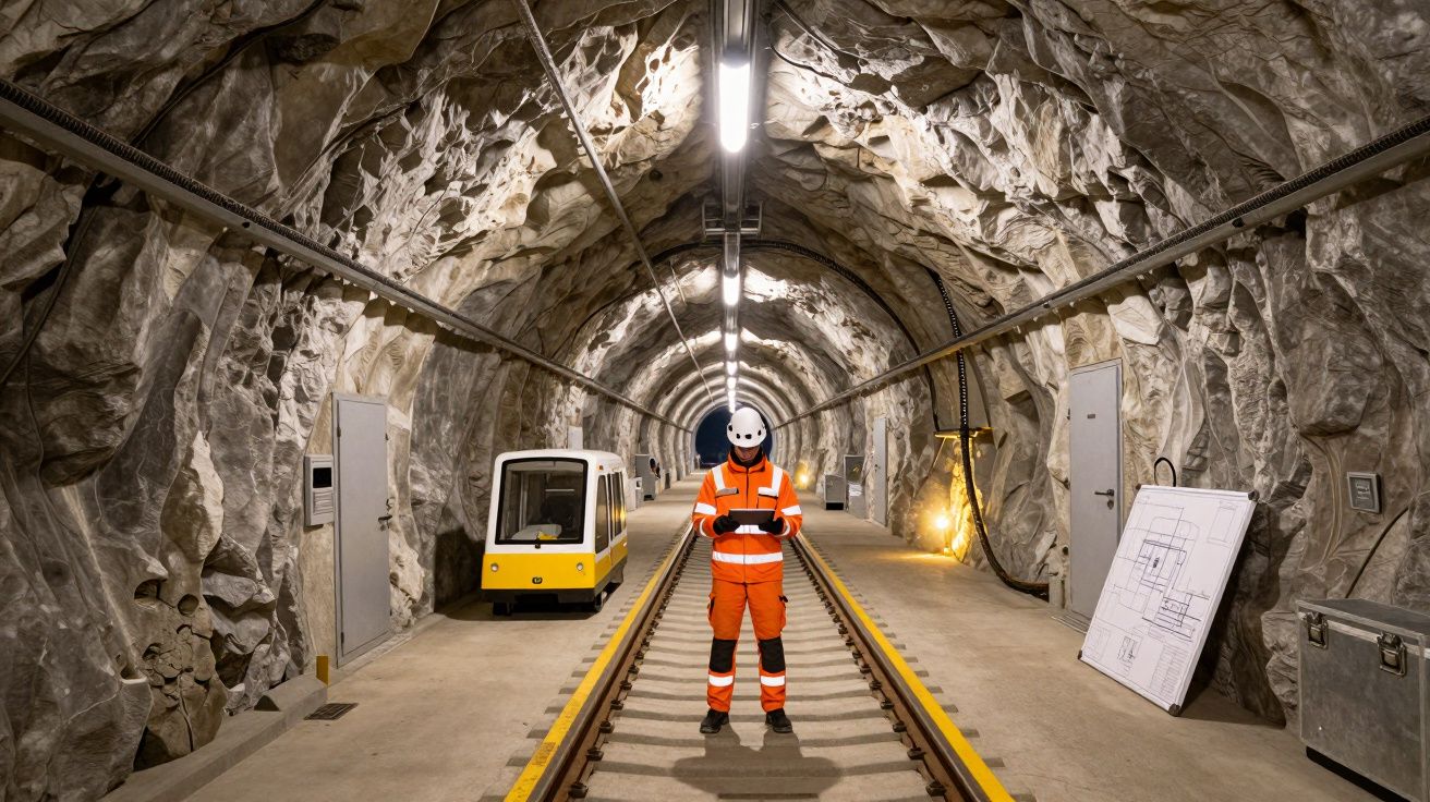 Trabalhador com equipamento de proteção num túnel de rocha com carrinha amarela e planos técnicos.