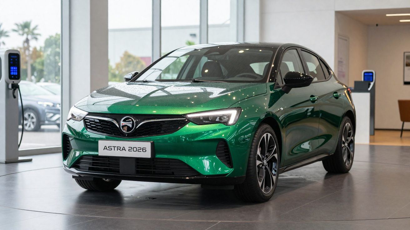Carro verde metálico Opel Astra 2026 estacionado em showroom moderno com carregadores elétricos.