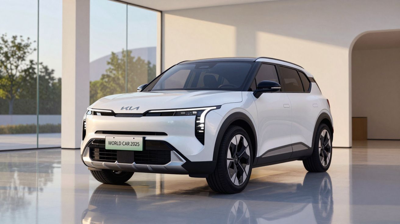 Automóvel SUV branco da Kia modelo 2025 com design moderno em espaço interior minimalista e luminoso.