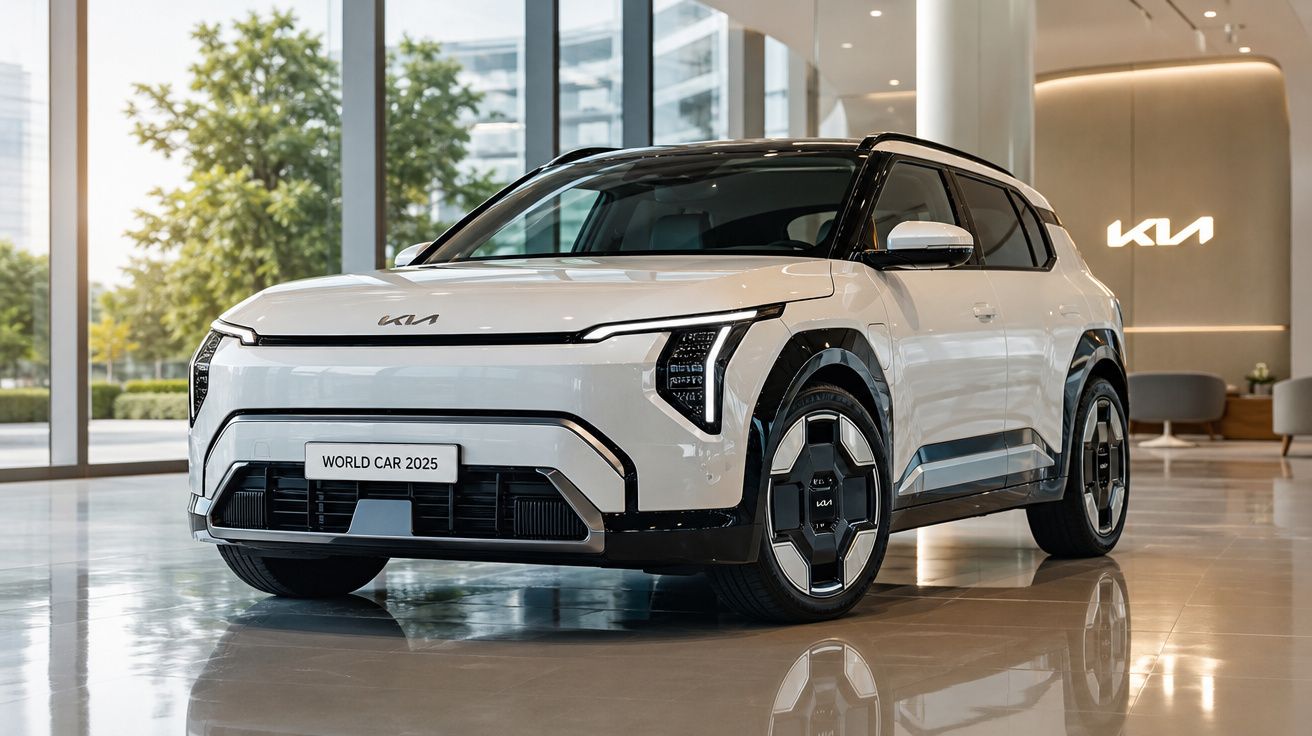 Carro eléctrico branco Kia EV9 modelo 2025 exibido em showroom moderno com grandes janelas.