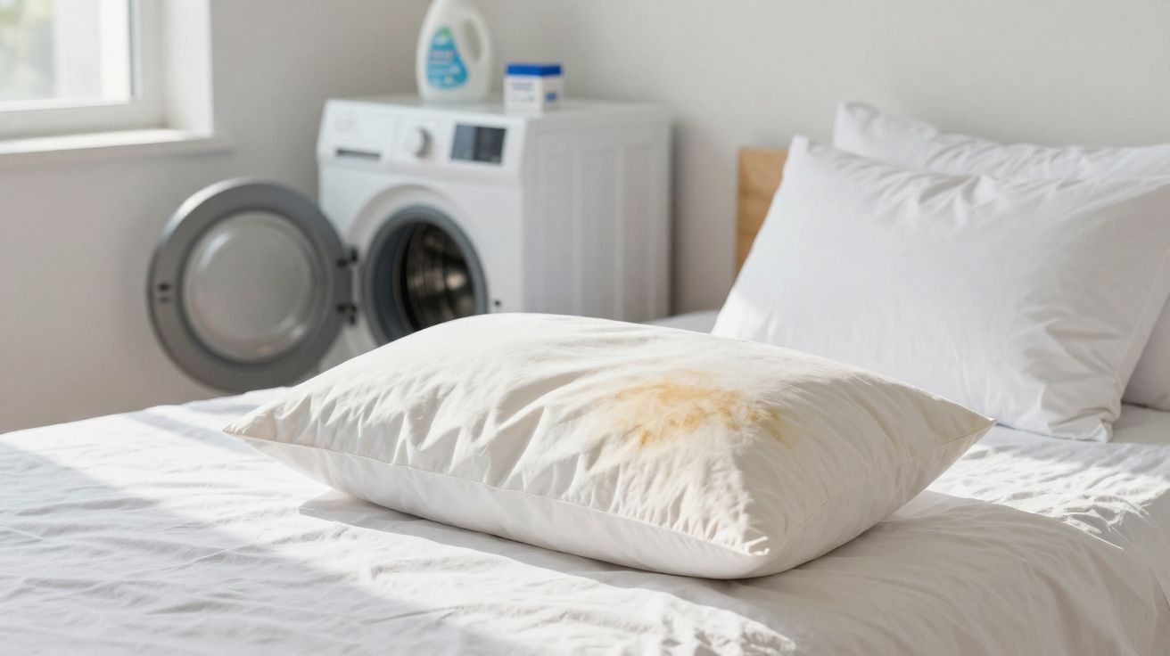 Travesseiro branco com mancha amarela em cama branca, máquina de lavar roupa ao fundo junto a janela.