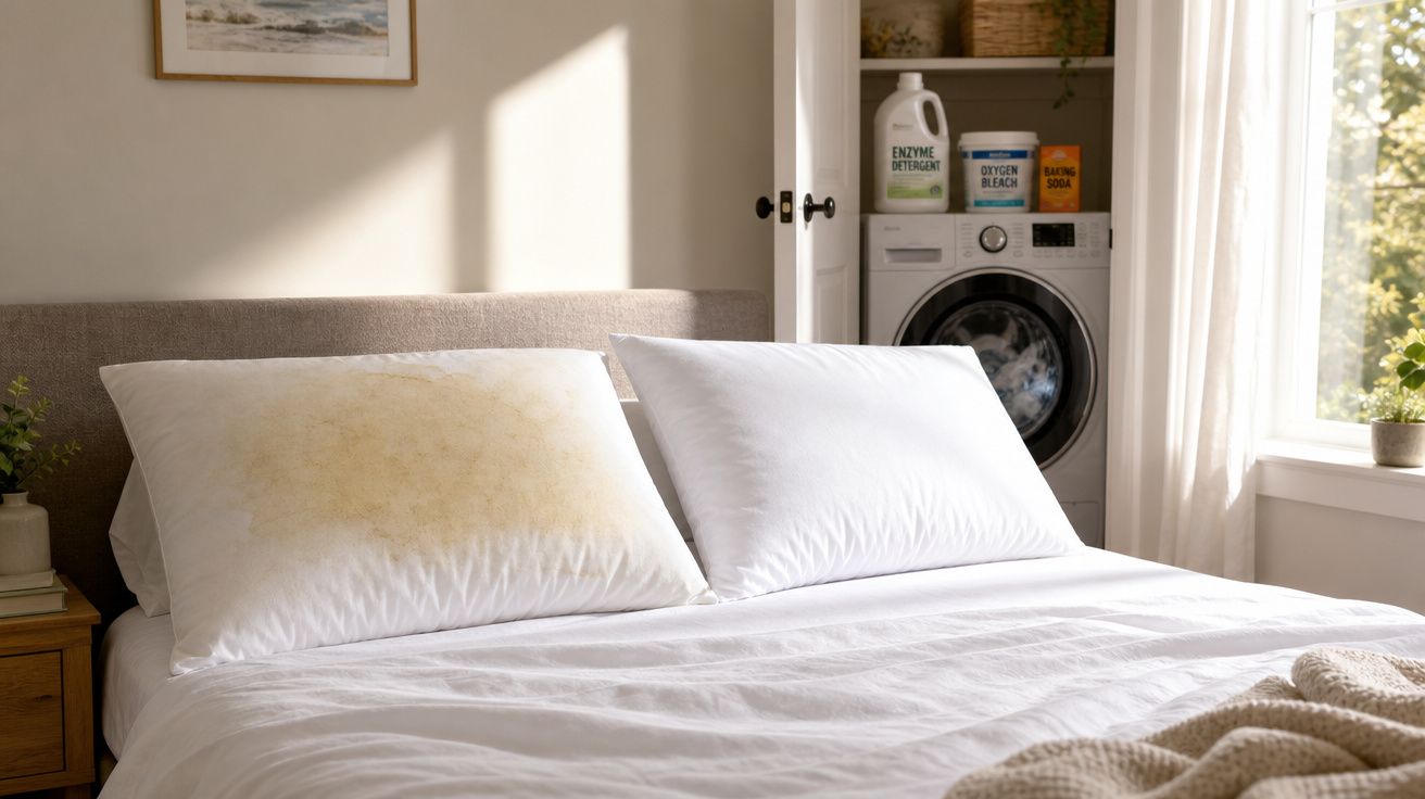 Quarto com duas almofadas brancas, uma delas manchada, cama arrumada e máquina de lavar na decoração.