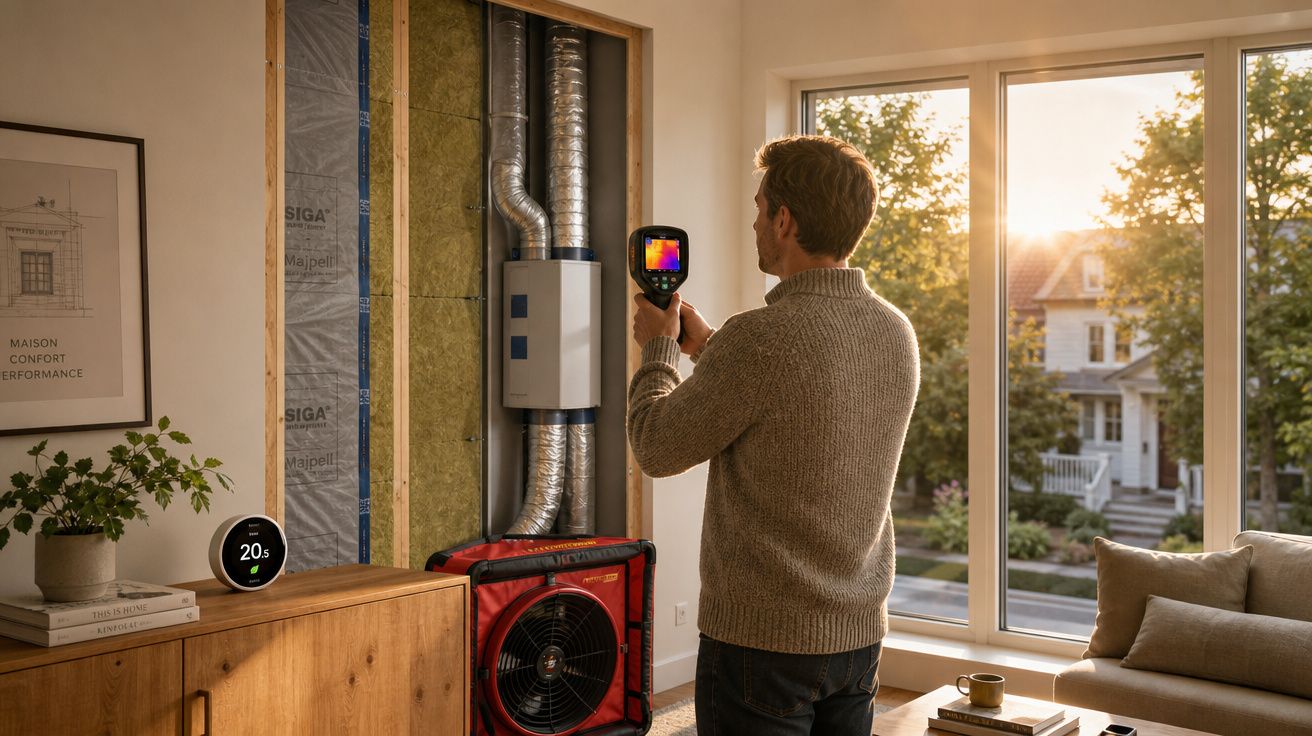 Homem a usar câmara térmica para inspecionar sistema de ventilação numa sala com janela grande e mobília moderna.