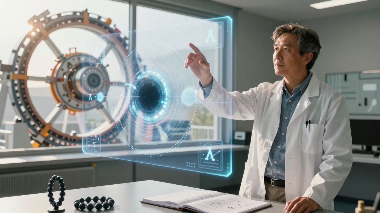 Cientista interage com holograma futurista numa sala de laboratório moderna e bem iluminada.
