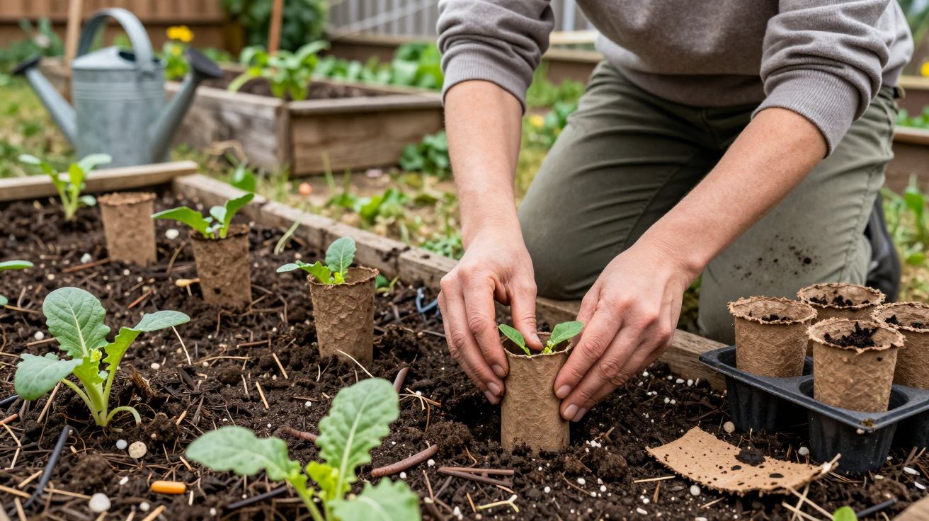 Pessoa a transplantar muda de planta para canteiro de jardim com terra e regador ao fundo.