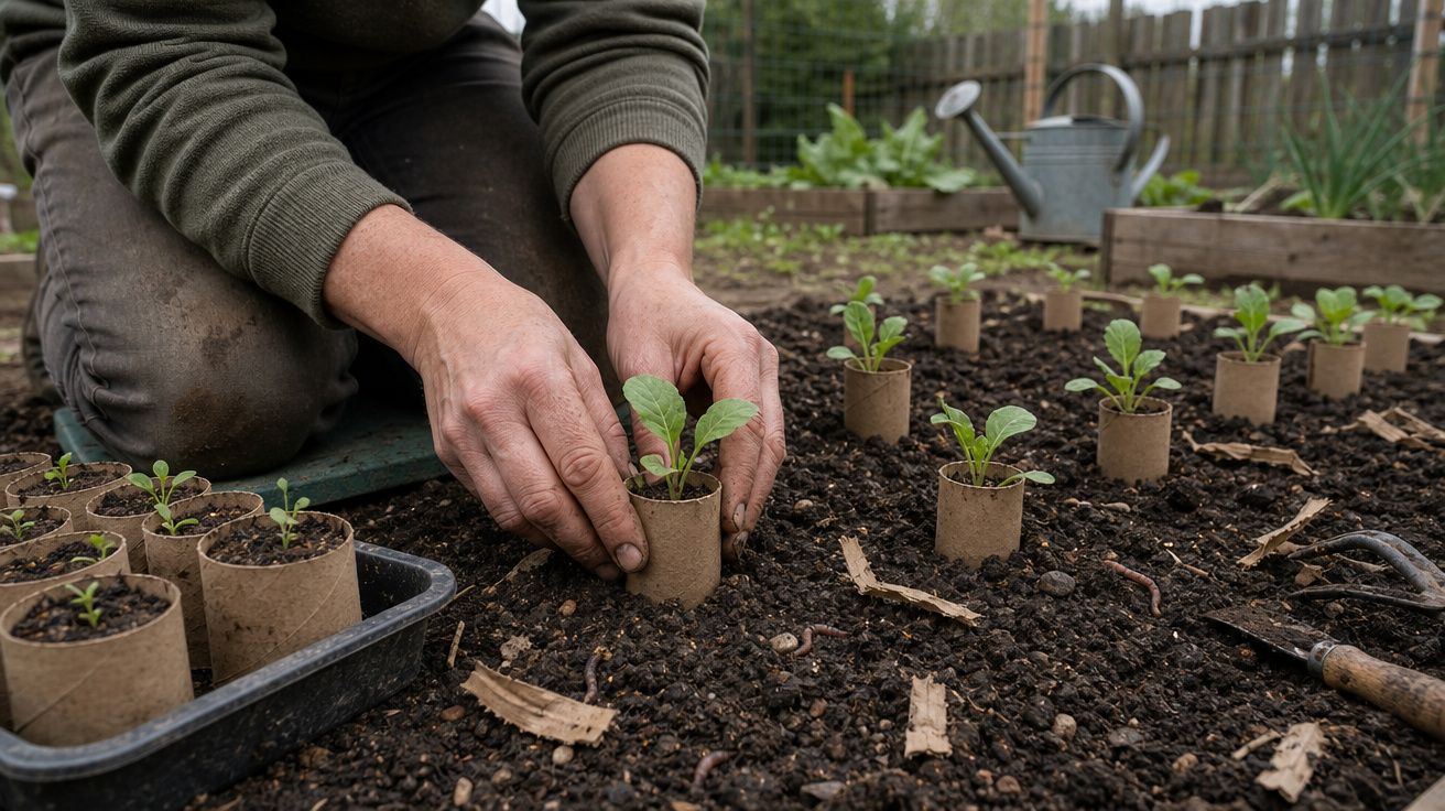 Mãos a plantar rebentos em pequenos vasos de papel reciclado num canteiro de terra em jardim.