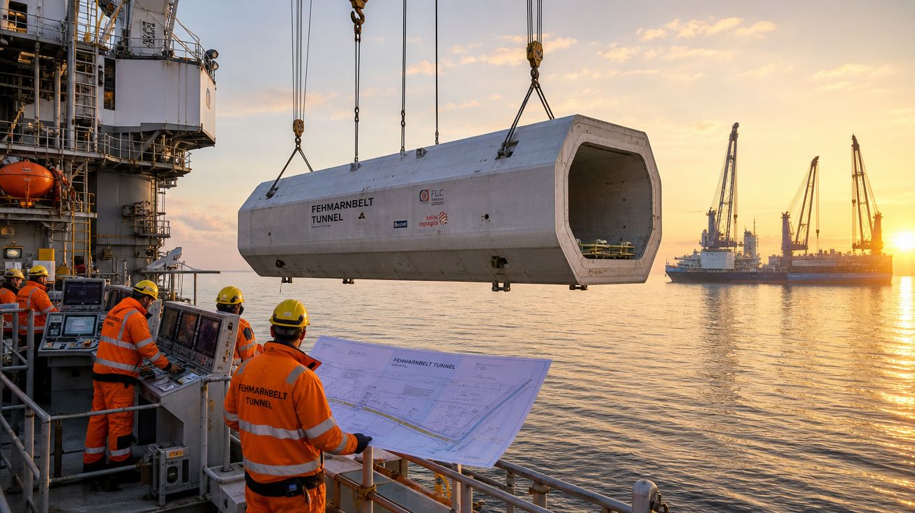 Operários em coletes refletivos observam montagem de segmento de túnel suspenso sobre água ao pôr do sol.