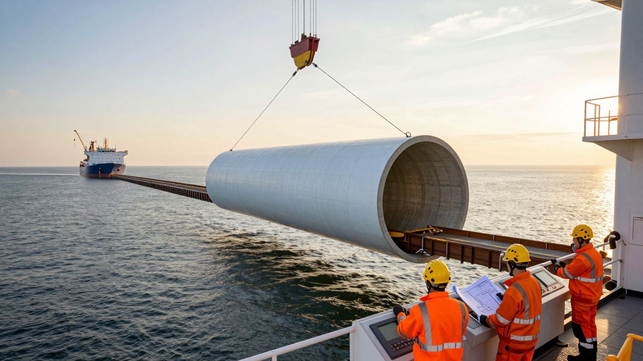 Três trabalhadores com equipamento de segurança operam içamento de grande tubo cilíndrico numa embarcação no mar.