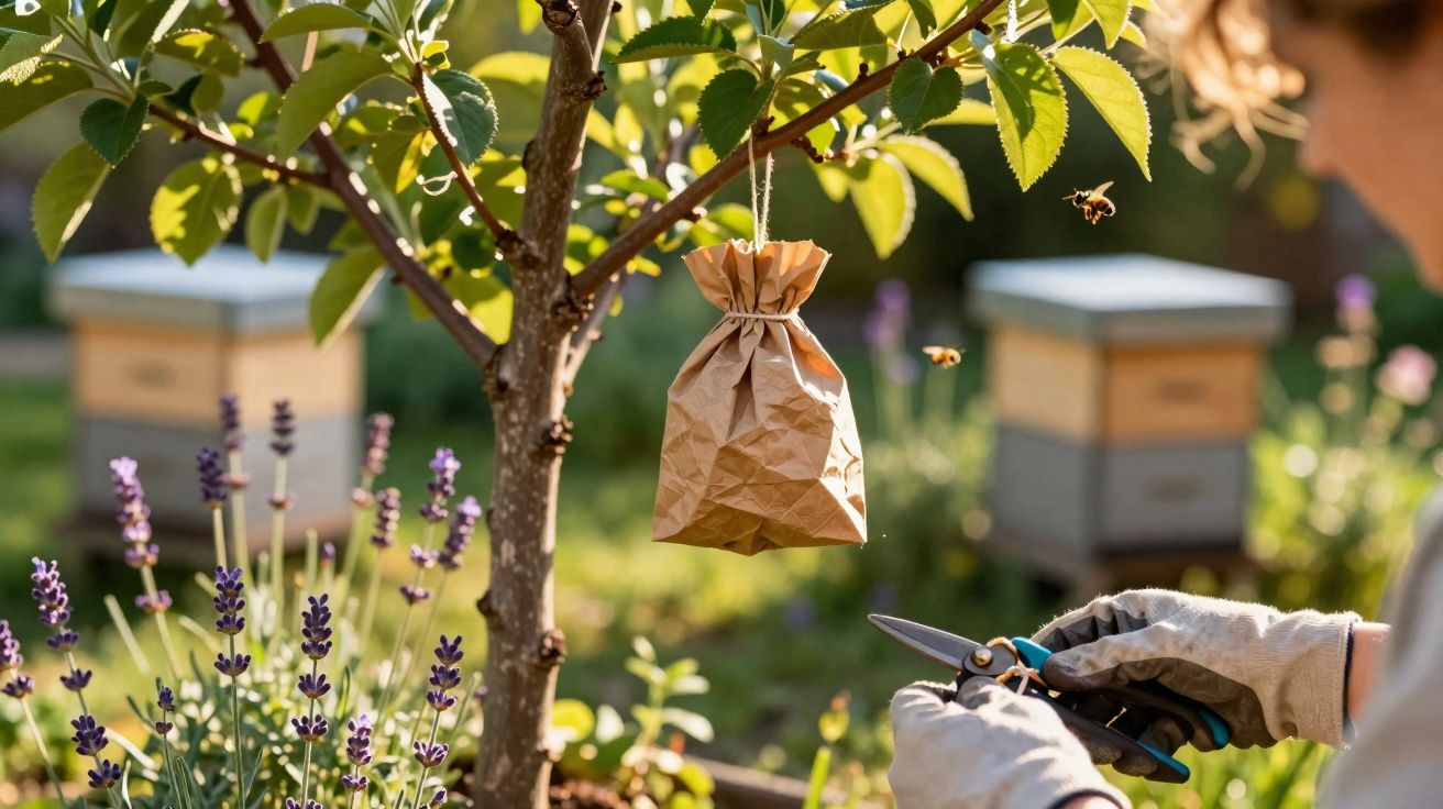 Pessoa a tratar de jardim com flores, abelhas a voar e sacos de papel pendurados numa árvore.