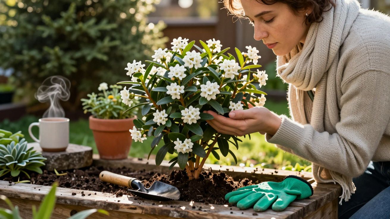 Mulher a cheirar flores brancas numa horta em madeira com luvas e uma chávena de chá ao lado.