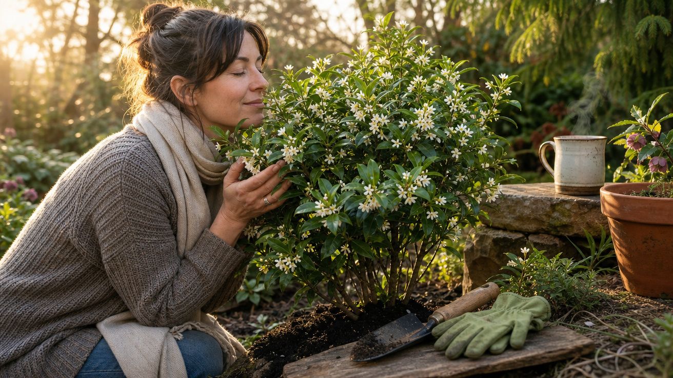 Mulher a cheirar flores brancas num arbusto no jardim ao pôr do sol, com luvas e ferramentas ao lado.