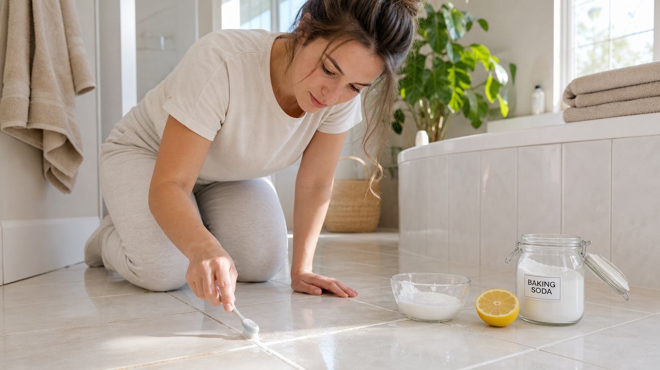 Mulher limpa juntas das azulejos do chão de casa com bicarbonato e limão num ambiente doméstico.