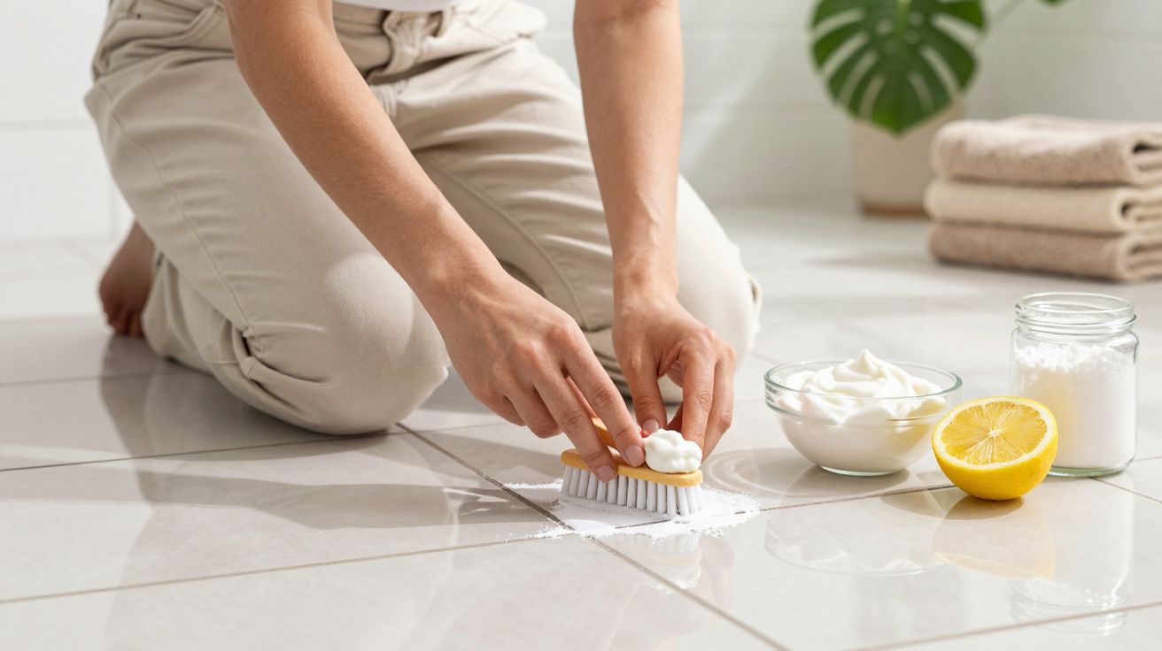 Pessoa a limpar chão de azulejo com escova e produto caseiro com limão, bicarbonato e creme branco.