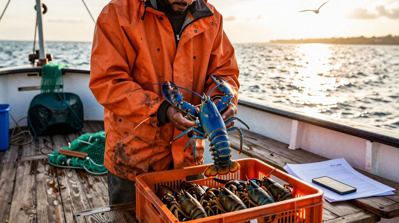 Pescador de casaco laranja segura lagosta azul sobre caixa com mais lagostas num barco ao pôr do sol.