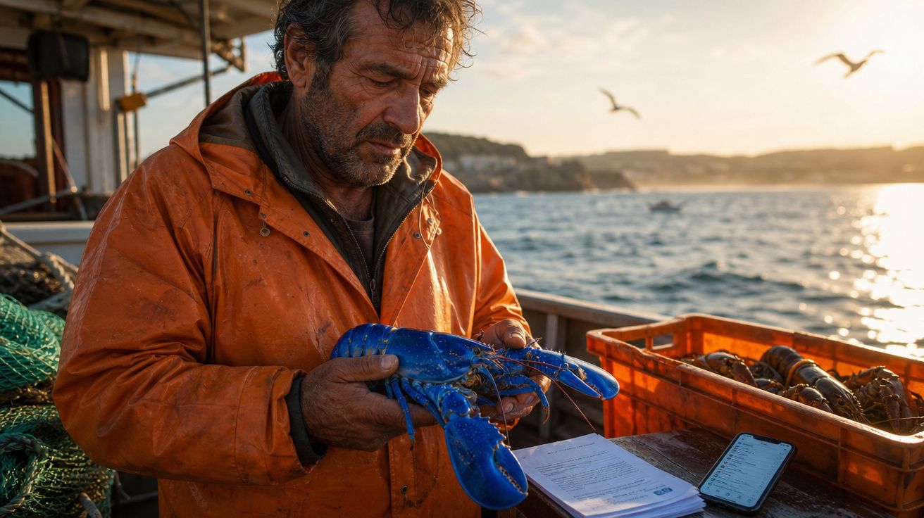 Pescador em fato laranja segura uma lagosta azul num barco ao pôr do sol no mar.